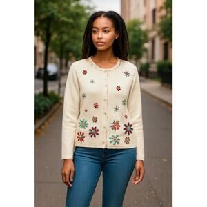 VTG White Stag Cardigan W L Cream Floral Embroidered Button Up Long Sleeve USA